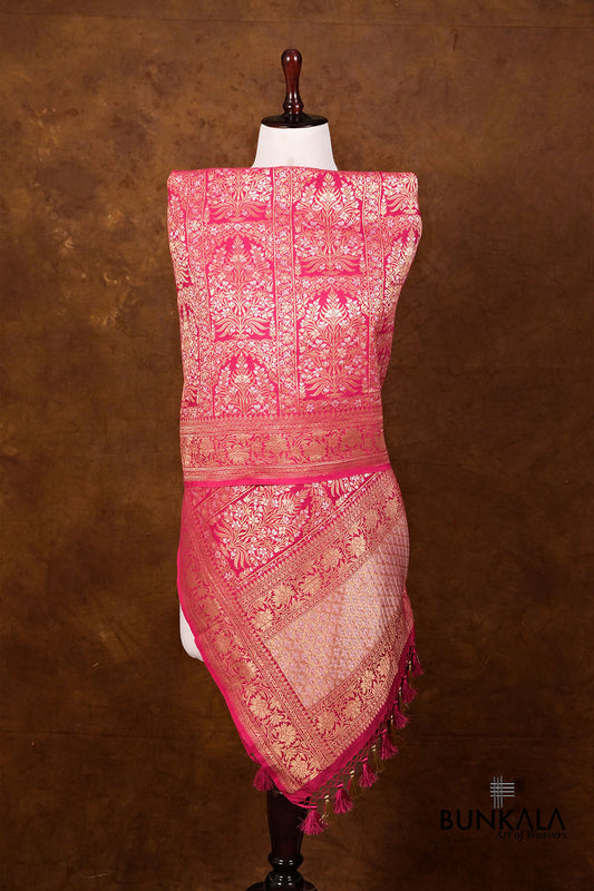 Rani Pink Floral Design Handloom Banarasi Pure Moonga Silk Dupatta