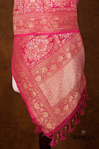 Rani Pink Floral Design Handloom Banarasi Pure Moonga Silk Dupatta
