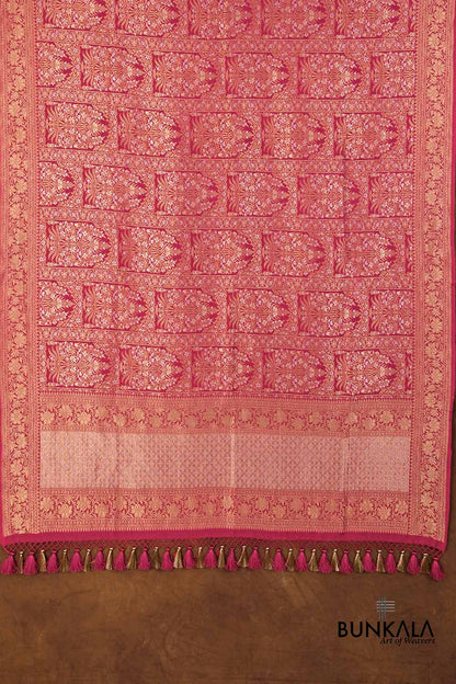 Rani Pink Floral Design Handloom Banarasi Pure Moonga Silk Dupatta