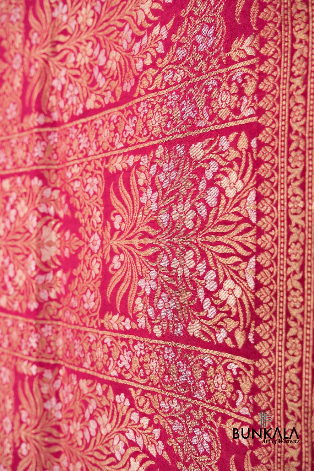 Rani Pink Floral Design Handloom Banarasi Pure Moonga Silk Dupatta
