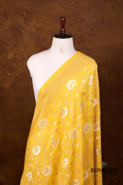 Yellow Floral Jaal Handloom Banarasi Pure Moonga Silk Dupatta
