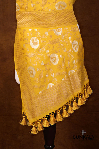 Yellow Floral Jaal Handloom Banarasi Pure Moonga Silk Dupatta