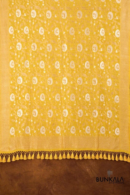 Yellow Floral Jaal Handloom Banarasi Pure Moonga Silk Dupatta