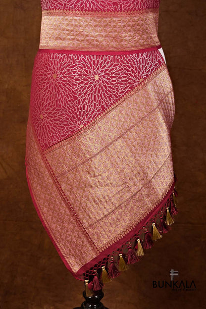 Reddish Pink Flower Design Handloom Banarasi Pure Moonga Silk Dupatta
