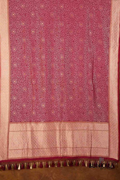 Reddish Pink Flower Design Handloom Banarasi Pure Moonga Silk Dupatta