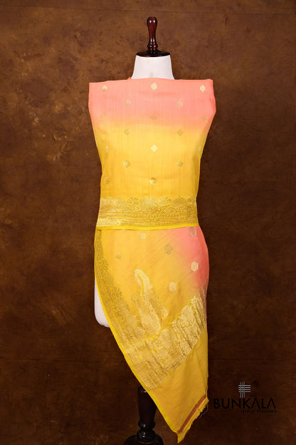 Yellow Peach Shaded Kadwa Buti Handweaved Banarasi Pure Moonga Silk Dupatta