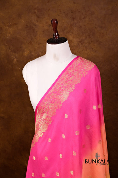 Yellow Peach Shaded Kadwa Buti Handweaved Banarasi Pure Moonga Silk Dupatta