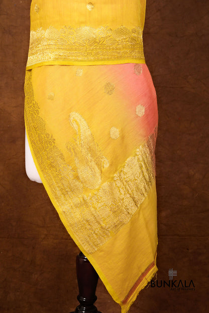 Yellow Peach Shaded Kadwa Buti Handweaved Banarasi Pure Moonga Silk Dupatta