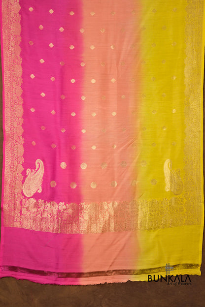 Yellow Peach Shaded Kadwa Buti Handweaved Banarasi Pure Moonga Silk Dupatta