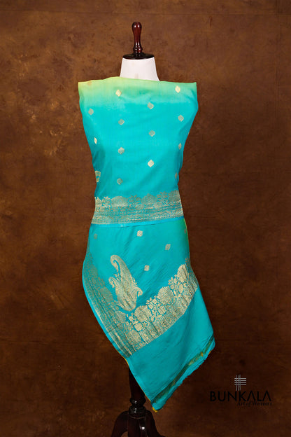 Blue Yellow Shaded Kadwa Buti Handweaved Banarasi Pure Moonga Silk Dupatta
