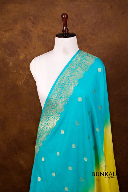 Blue Yellow Shaded Kadwa Buti Handweaved Banarasi Pure Moonga Silk Dupatta
