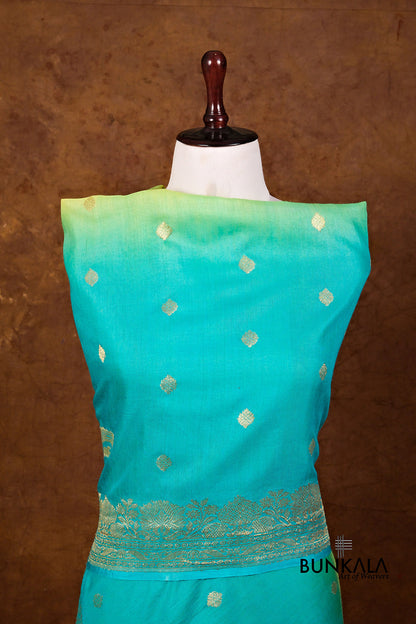 Blue Yellow Shaded Kadwa Buti Handweaved Banarasi Pure Moonga Silk Dupatta