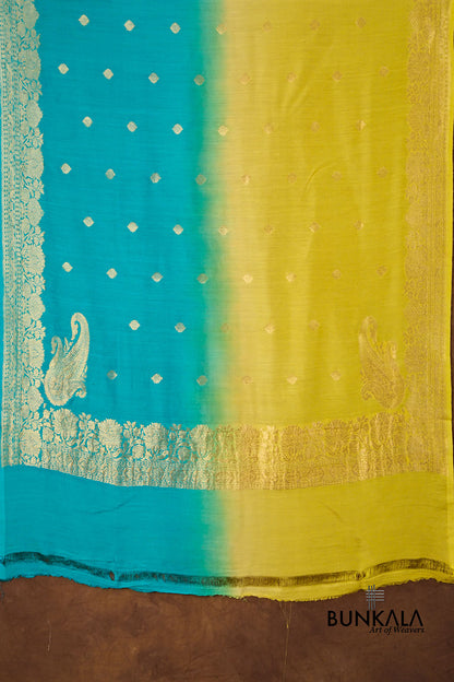 Blue Yellow Shaded Kadwa Buti Handweaved Banarasi Pure Moonga Silk Dupatta