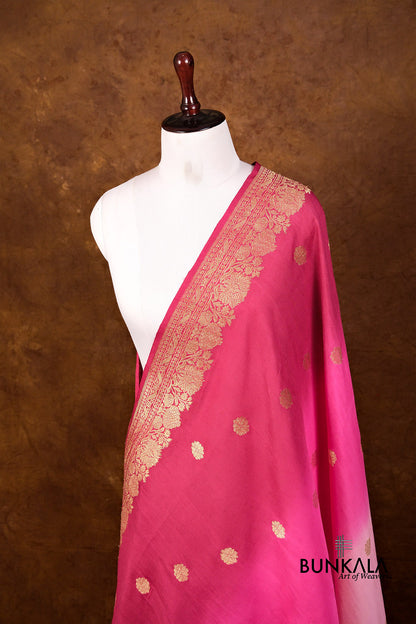 Pink Shaded Kadwa Buti Handweaved Banarasi Pure Moonga Silk Dupatta
