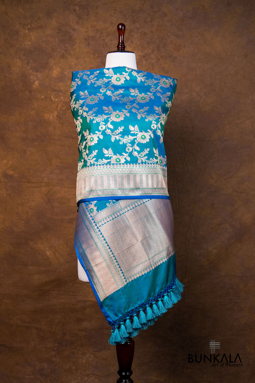 Ocean Blue Floral Jaal Leaf Meenakari Weaved Banarasi Mashru Silk Dupatta