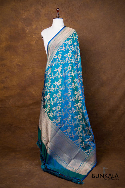 Ocean Blue Floral Jaal Leaf Meenakari Weaved Banarasi Mashru Silk Dupatta