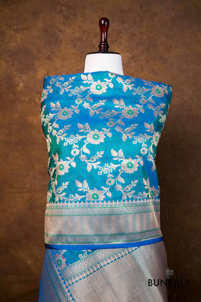 Ocean Blue Floral Jaal Leaf Meenakari Weaved Banarasi Mashru Silk Dupatta