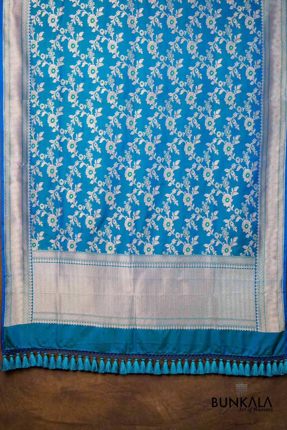 Ocean Blue Floral Jaal Leaf Meenakari Weaved Banarasi Mashru Silk Dupatta