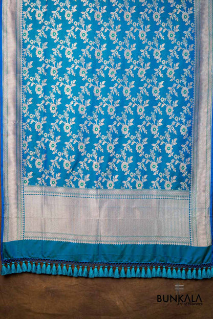 Ocean Blue Floral Jaal Leaf Meenakari Weaved Banarasi Mashru Silk Dupatta