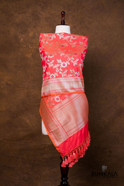 Shaded Pink Floral Jaal Leaf Meenakari Weaved Banarasi Mashru Silk Dupatta