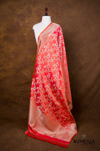 Shaded Pink Floral Jaal Leaf Meenakari Weaved Banarasi Mashru Silk Dupatta