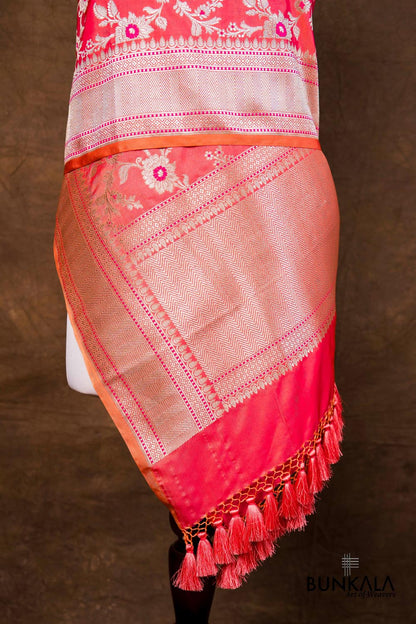 Shaded Pink Floral Jaal Leaf Meenakari Weaved Banarasi Mashru Silk Dupatta