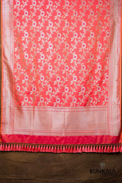Shaded Pink Floral Jaal Leaf Meenakari Weaved Banarasi Mashru Silk Dupatta