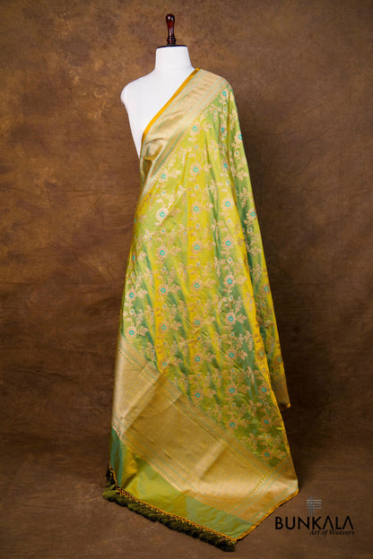Shaded Lime Green Floral Jaal Leaf Meenakari Weaved Banarasi Mashru Silk Dupatta