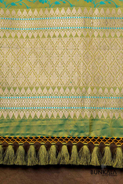 Shaded Lime Green Floral Jaal Leaf Meenakari Weaved Banarasi Mashru Silk Dupatta