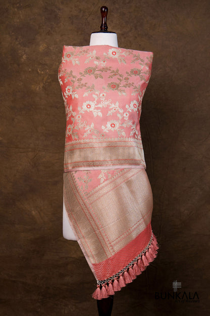 Peach Pink Floral Jaal Leaf Meenakari Weaved Banarasi Mashru Silk Dupatta
