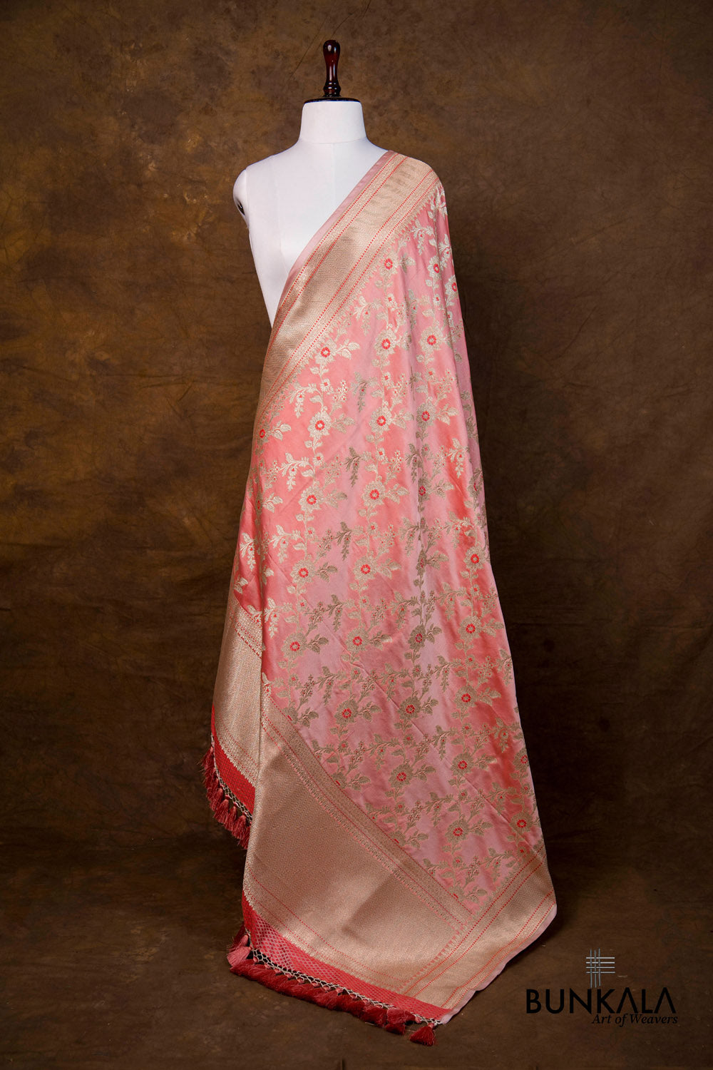 Peach Pink Floral Jaal Leaf Meenakari Weaved Banarasi Mashru Silk Dupatta
