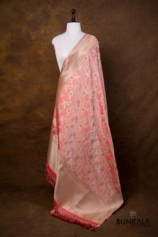 Peach Pink Floral Jaal Leaf Meenakari Weaved Banarasi Mashru Silk Dupatta
