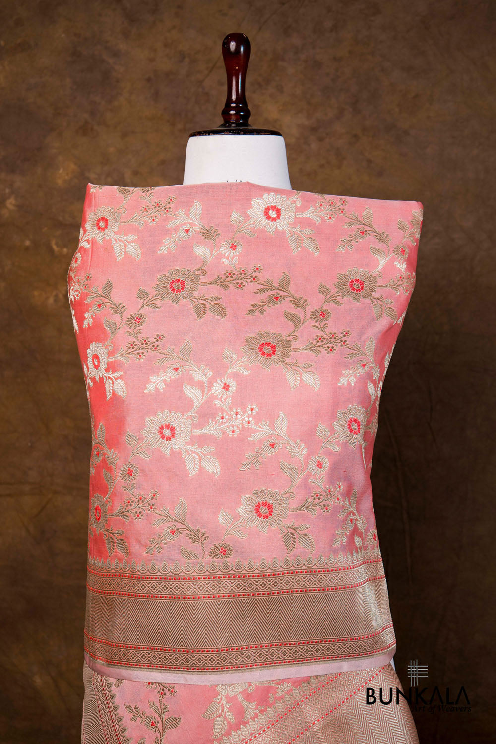 Peach Pink Floral Jaal Leaf Meenakari Weaved Banarasi Mashru Silk Dupatta
