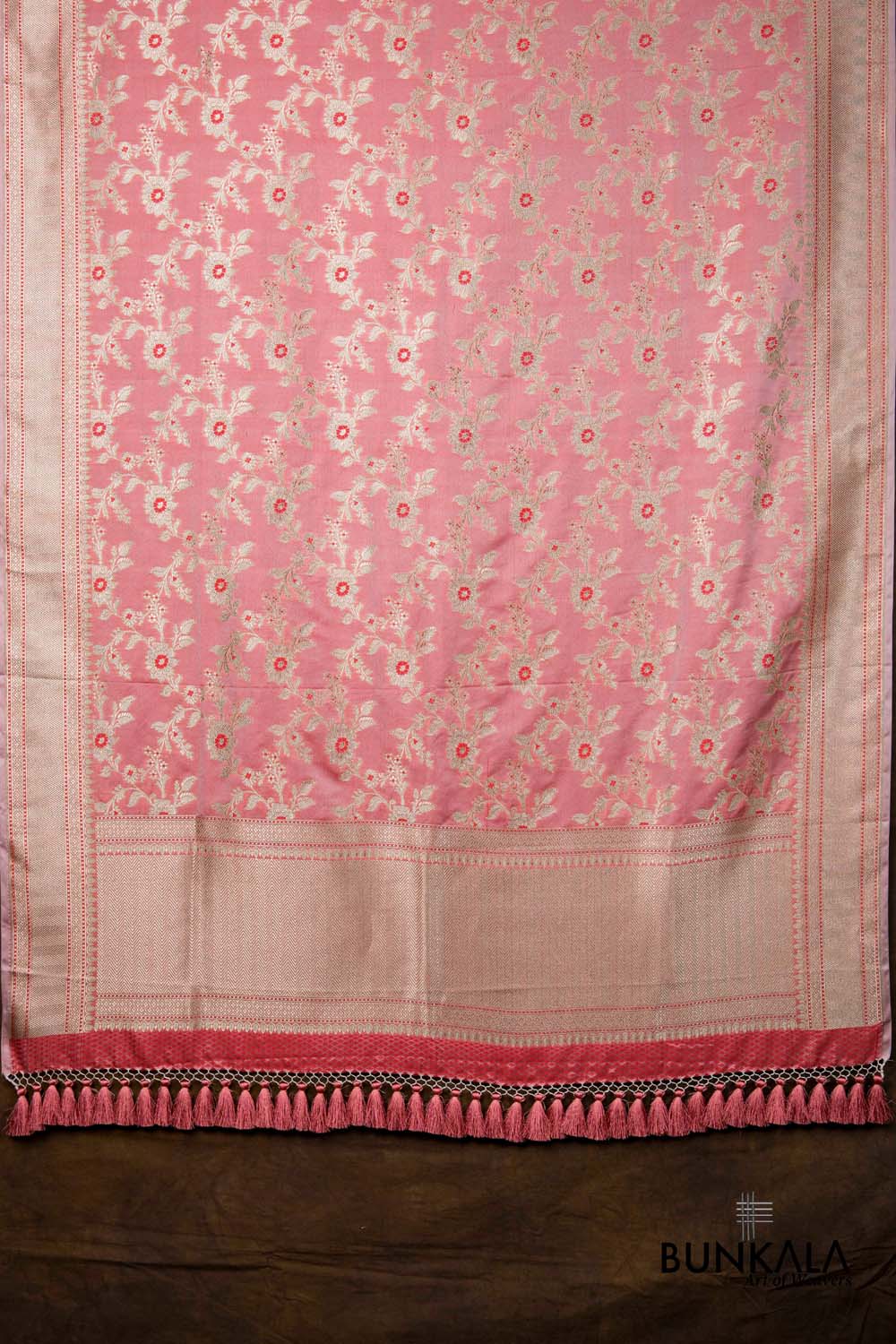 Peach Pink Floral Jaal Leaf Meenakari Weaved Banarasi Mashru Silk Dupatta
