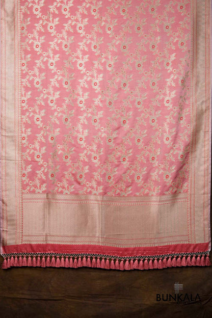 Peach Pink Floral Jaal Leaf Meenakari Weaved Banarasi Mashru Silk Dupatta
