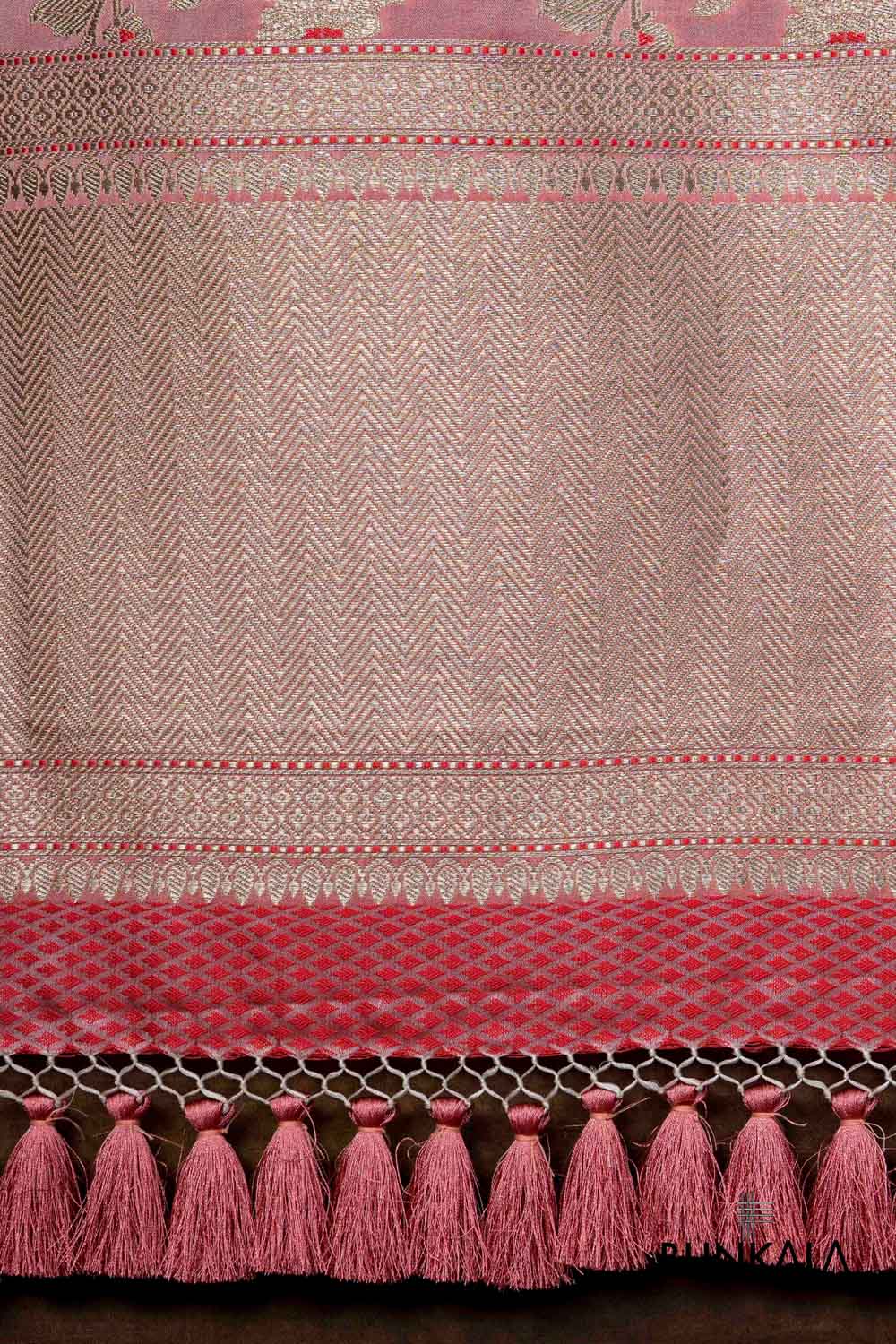 Peach Pink Floral Jaal Leaf Meenakari Weaved Banarasi Mashru Silk Dupatta
