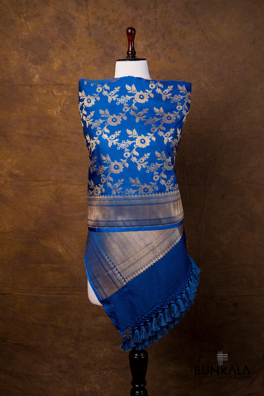 Royal Blue Floral Jaal Leaf Meenakari Weaved Banarasi Mashru Silk Dupatta