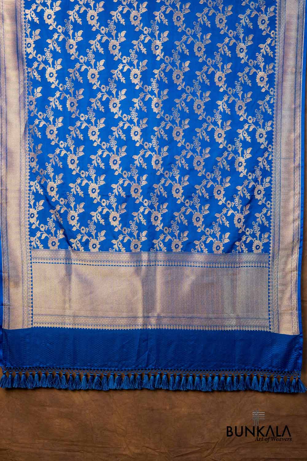 Royal Blue Floral Jaal Leaf Meenakari Weaved Banarasi Mashru Silk Dupatta