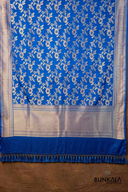Royal Blue Floral Jaal Leaf Meenakari Weaved Banarasi Mashru Silk Dupatta