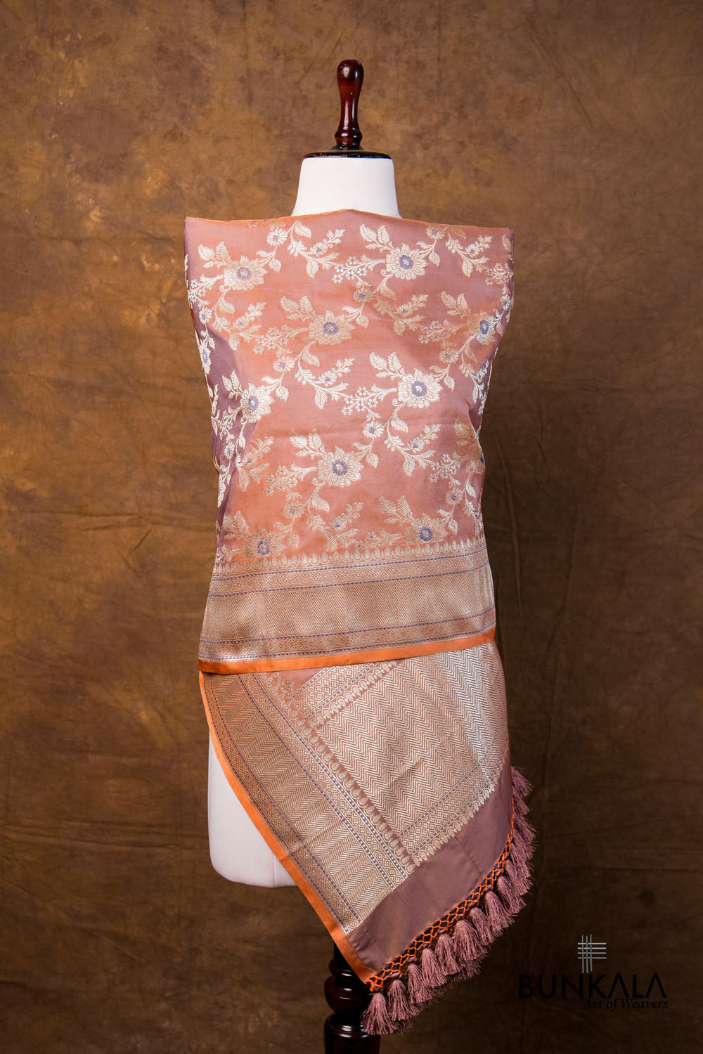 Coral Pink Floral Jaal Leaf Meenakari Weaved Banarasi Mashru Silk Dupatta