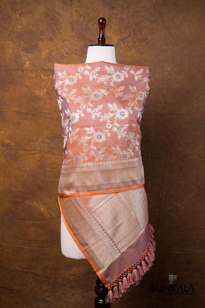 Coral Pink Floral Jaal Leaf Meenakari Weaved Banarasi Mashru Silk Dupatta