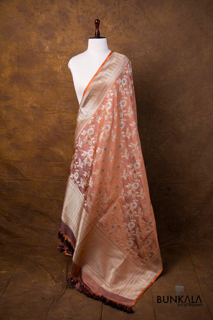 Coral Pink Floral Jaal Leaf Meenakari Weaved Banarasi Mashru Silk Dupatta