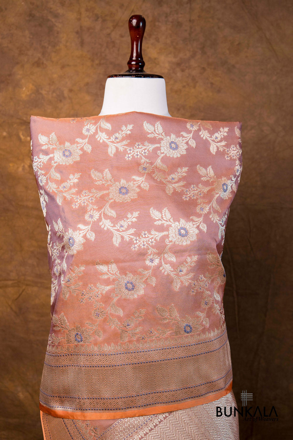 Coral Pink Floral Jaal Leaf Meenakari Weaved Banarasi Mashru Silk Dupatta