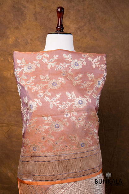 Coral Pink Floral Jaal Leaf Meenakari Weaved Banarasi Mashru Silk Dupatta