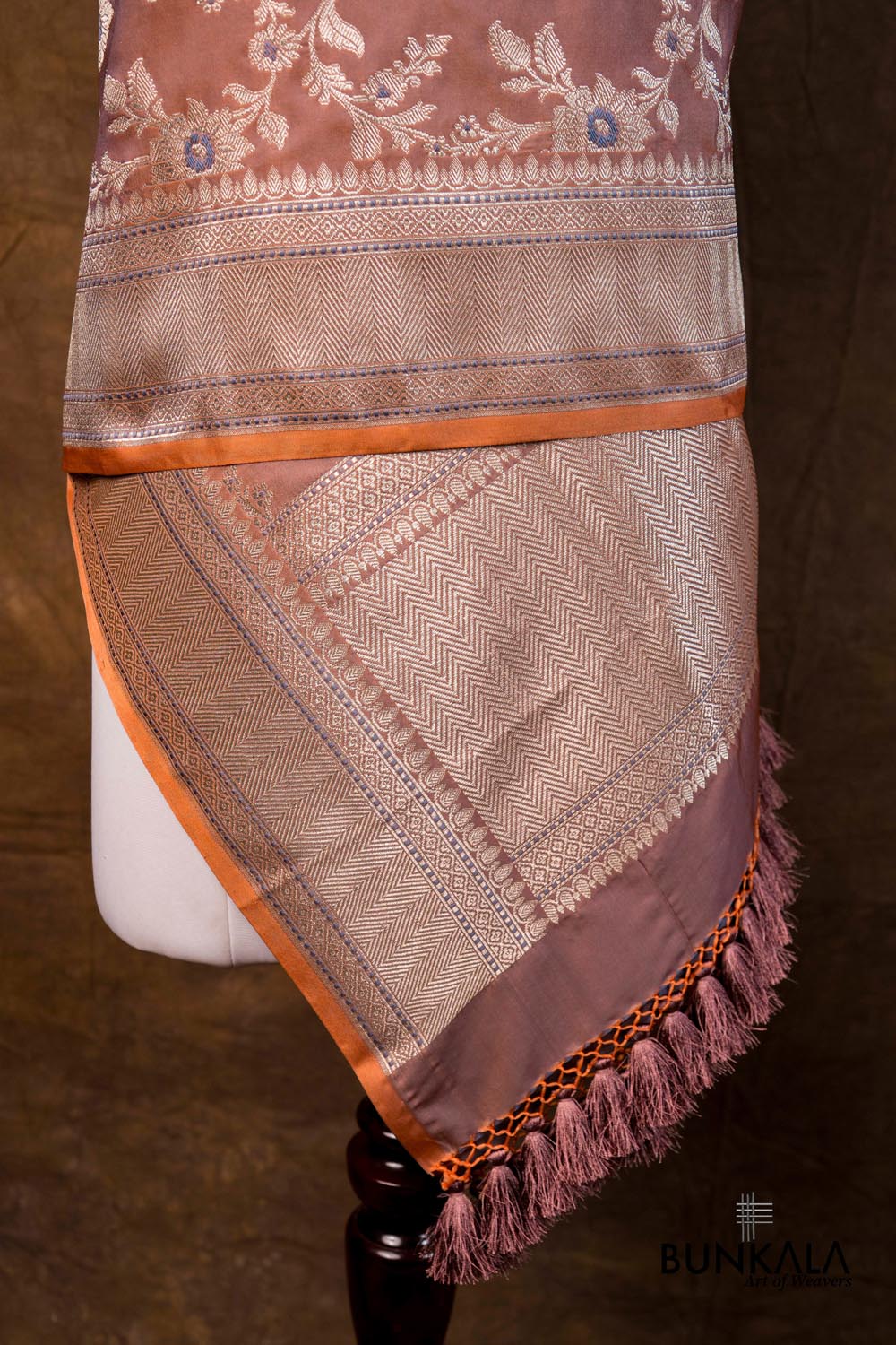 Coral Pink Floral Jaal Leaf Meenakari Weaved Banarasi Mashru Silk Dupatta