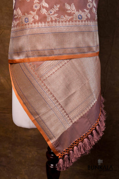Coral Pink Floral Jaal Leaf Meenakari Weaved Banarasi Mashru Silk Dupatta