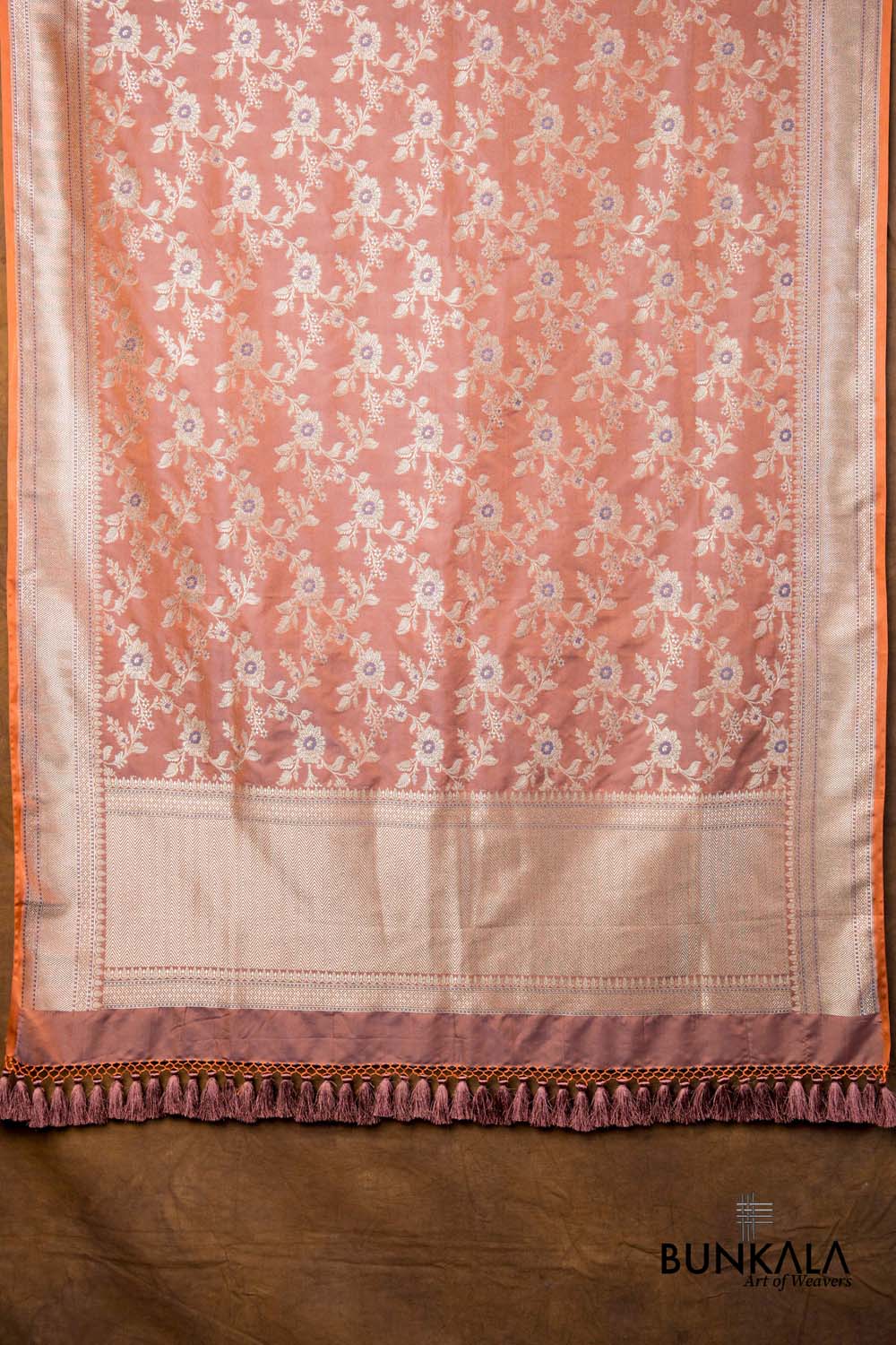 Coral Pink Floral Jaal Leaf Meenakari Weaved Banarasi Mashru Silk Dupatta