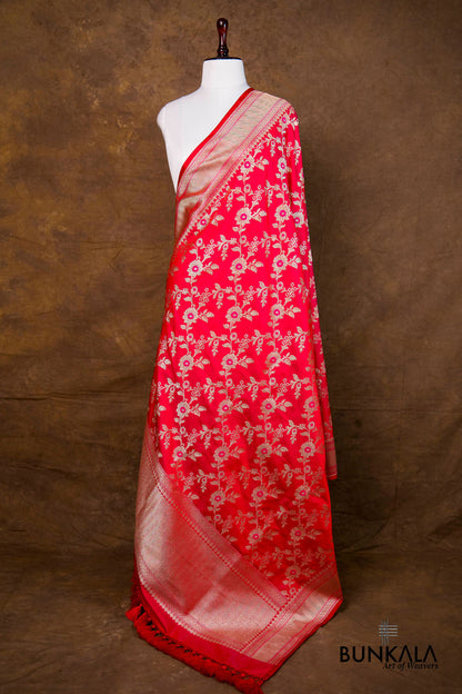 Pinkish Red Floral Jaal Leaf Meenakari Weaved Banarasi Mashru Silk Dupatta