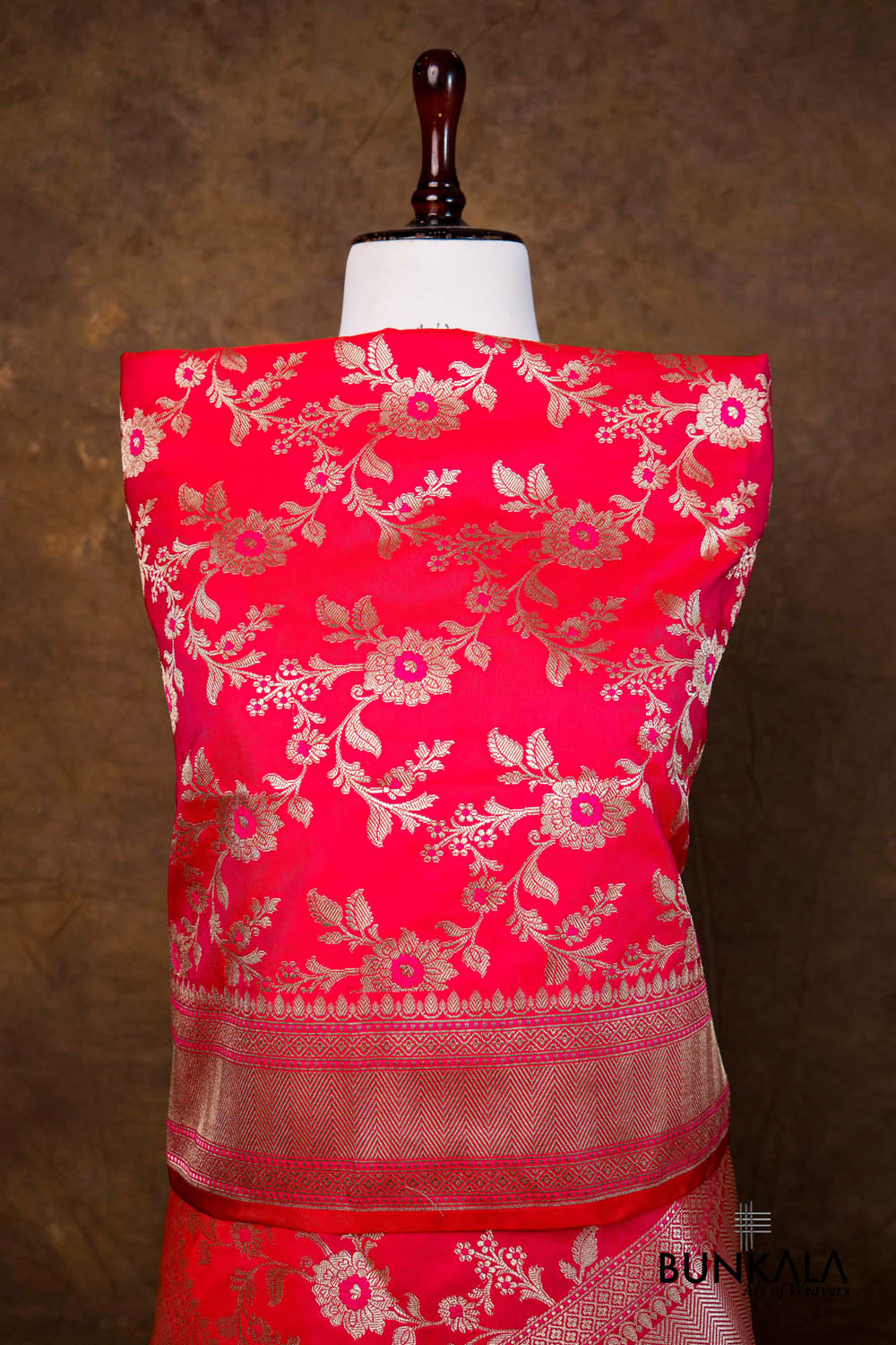 Pinkish Red Floral Jaal Leaf Meenakari Weaved Banarasi Mashru Silk Dupatta