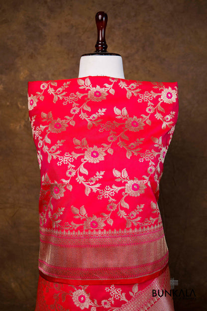Pinkish Red Floral Jaal Leaf Meenakari Weaved Banarasi Mashru Silk Dupatta